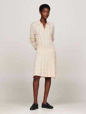 Tommy Hilfiger naisten neulemekko, SOFT WOOL CABLE POLO DRESS Luonnonvalkoinen