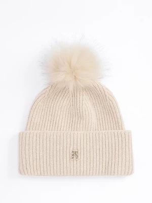 Tommy Hilfiger Naisten Pipo, K-ELEVATED CHIC BEANIE POMPOM Luonnonvalkoinen