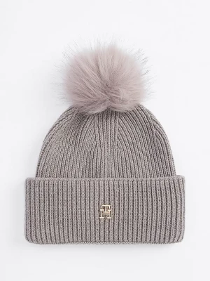 Tommy Hilfiger Naisten Pipo, K-ELEVATED CHIC BEANIE POMPOM Vaaleanharmaa