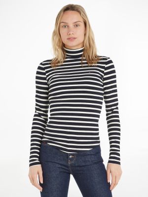 Tommy Hilfiger Naisten PooloPaita, SLIM 5X2 RIB ROLL-NK LS Raidallinen Sininen