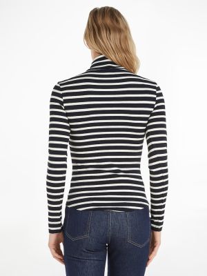 Tommy Hilfiger Naisten PooloPaita, SLIM 5X2 RIB ROLL-NK LS Raidallinen Sininen