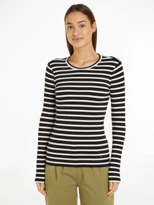 Tommy Hilfiger Naisten Raidallinen Trikoopaita, SLIM 5X2 RIB STRIPE C-NK LS  Raidallinen Musta