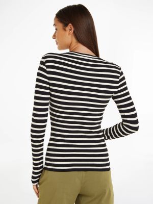 Tommy Hilfiger Naisten Raidallinen Trikoopaita, SLIM 5X2 RIB STRIPE C-NK LS  Raidallinen Musta