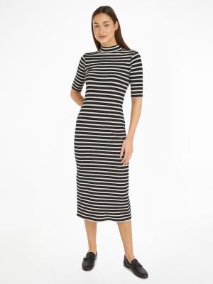 Tommy Hilfiger Naisten Trikoomekko, SLIM 5X2 RIB STRIPE MIDI DRESS Raidallinen Musta