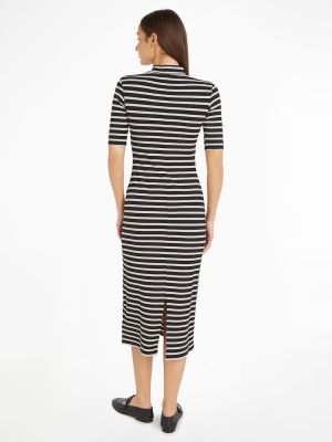 Tommy Hilfiger Naisten Trikoomekko, SLIM 5X2 RIB STRIPE MIDI DRESS Raidallinen Musta