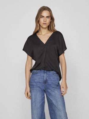 Vila naisten satiinitoppi, VIELLETTE V-NECK S/S SATIN TOP Musta