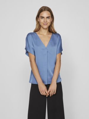 Vila naisten satiinitoppi, VIELLETTE V-NECK S/S SATIN TOP Sininen