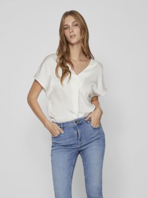 Vila naisten satiinitoppi, VIELLETTE V-NECK S/S SATIN TOP Valkoinen