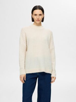 Selected Femme naisten neule, SLFMALINE LS KNIT HIGH NECK Luonnonvalkoinen