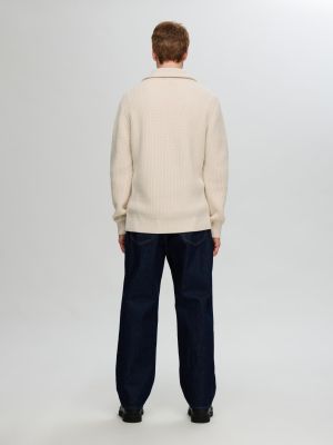 Selected Miesten Neulepusero LAND LS KNIT HALFZIP Luonnonvalkoinen