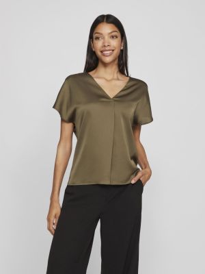 Vila naisten satiinitoppi, VIELLETTE V-NECK S/S SATIN TOP Khaki