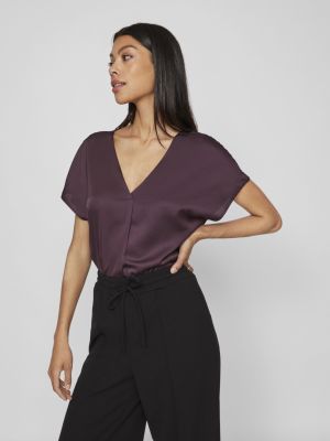 Vila naisten satiinitoppi, VIELLETTE V-NECK S/S SATIN TOP Viininpunainen